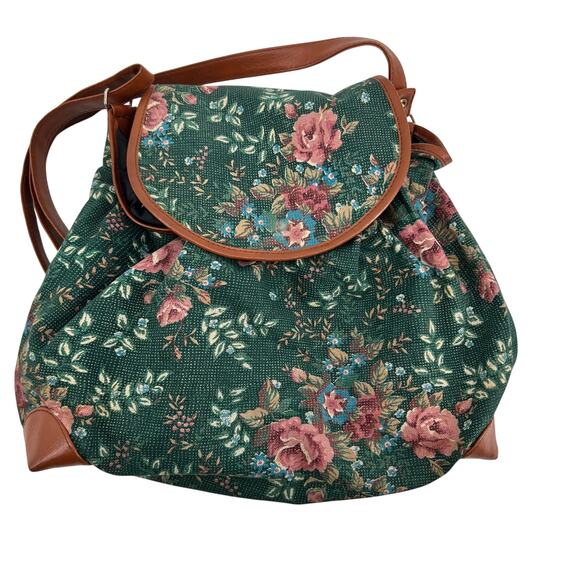 Vintage Handbags - VINTAGE 90’s Avon tapestry shoulder bag green floral pattern brown trim boho y2k